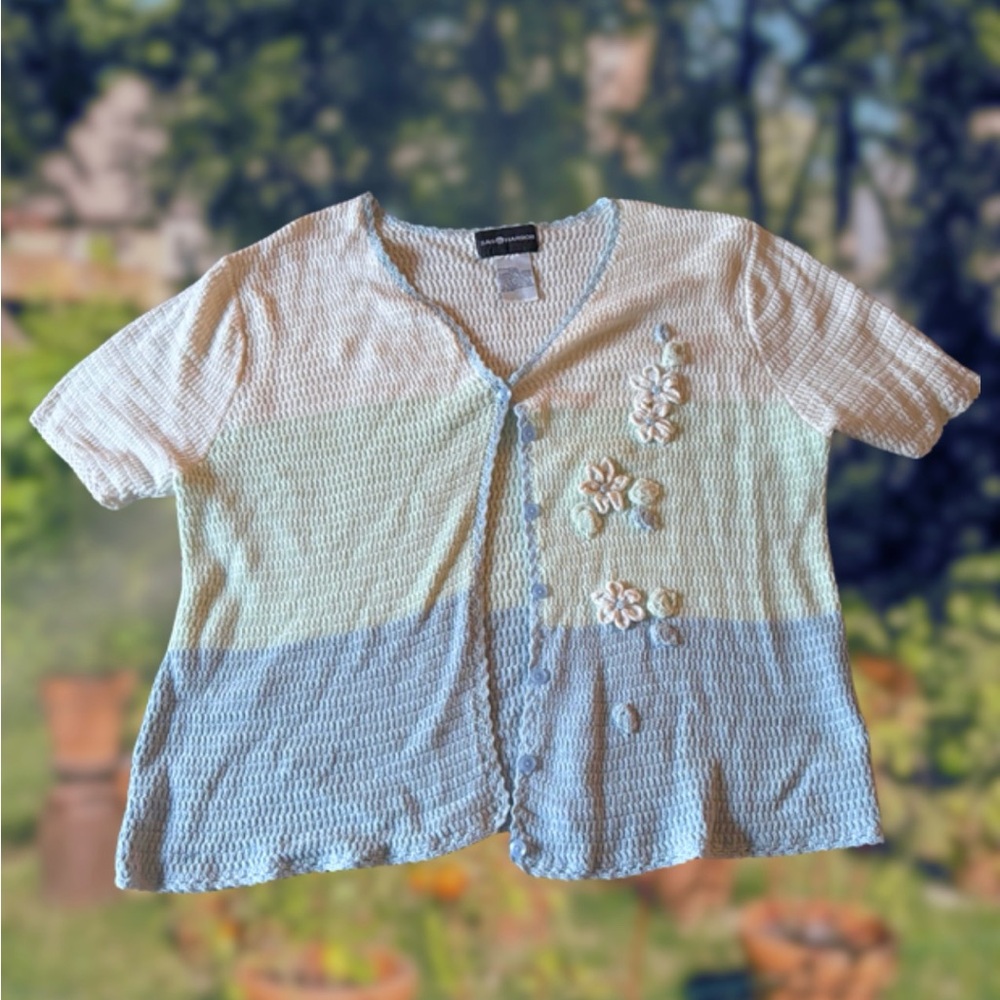 Women’s Two-Tone Crochet Button Cardigan - Light Blue & Cream